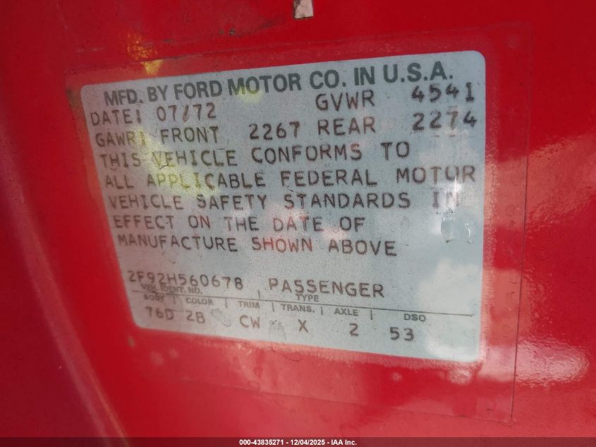 1972 Mercury Cougar VIN: 2F92H560678 Lot: 43835271