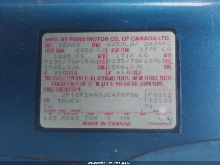 1988 Ford F150 VIN: 2FTEF14N5JCA79756 Lot: 43835282