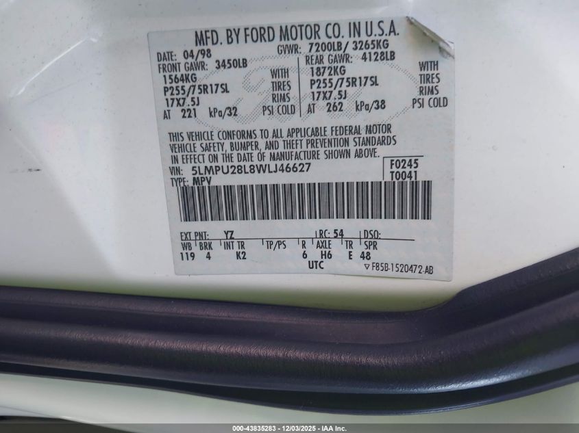 1998 Lincoln Navigator VIN: 5LMPU28L8WLJ46627 Lot: 43835283