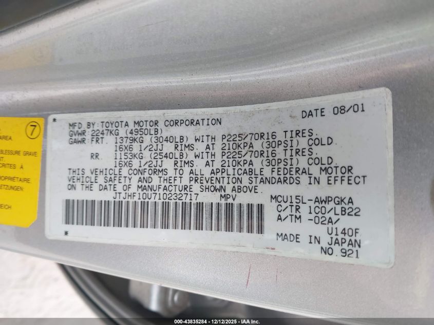 2001 Lexus Rx 300 VIN: JTJHF10U710232717 Lot: 43835284