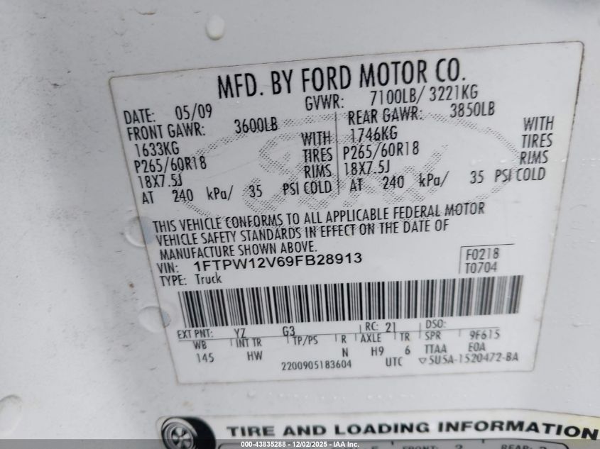 2009 Ford F-150 King Ranch/Lariat/Platinum/Xl/Xlt VIN: 1FTPW12V69FB28913 Lot: 43835288