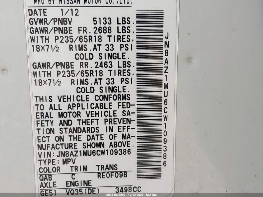 2012 Nissan Murano Sl VIN: JN8AZ1MU6CW109386 Lot: 43835292