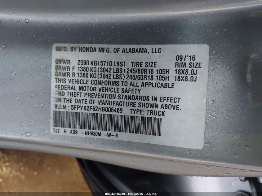 2017 Honda Ridgeline Rtl-T VIN: 5FPYK2F62HB006469 Lot: 43835299