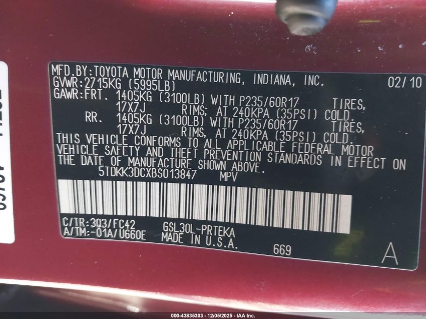 2011 Toyota Sienna Le V6 VIN: 5TDKK3DCXBS013847 Lot: 43835303