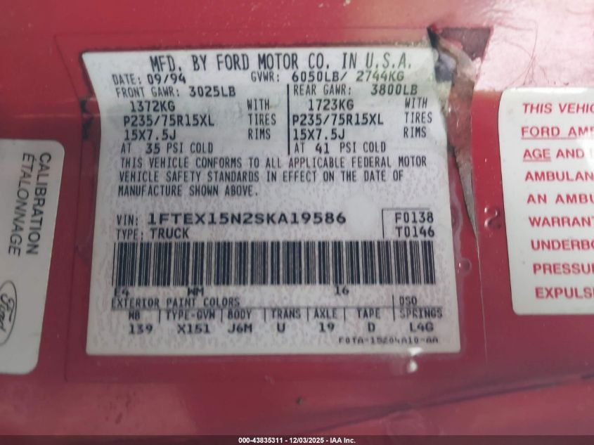 1995 Ford F150 VIN: 1FTEX15N2SKA19586 Lot: 43835311