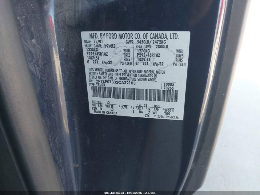 2002 Ford F-150 Lightning VIN: 2FTZF07332CA32183 Lot: 43835323