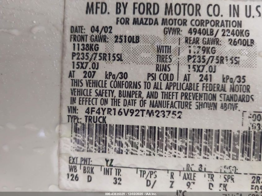 2002 Mazda B3000 Ds VIN: 4F4YR16V92TM23752 Lot: 43835329