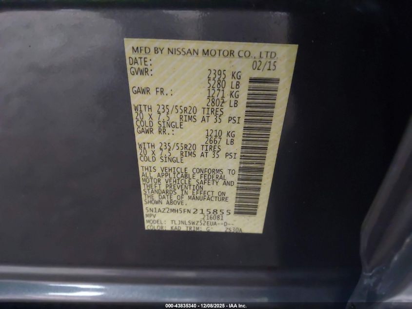 2015 Nissan Murano Platinum VIN: 5N1AZ2MH5FN215855 Lot: 43835340