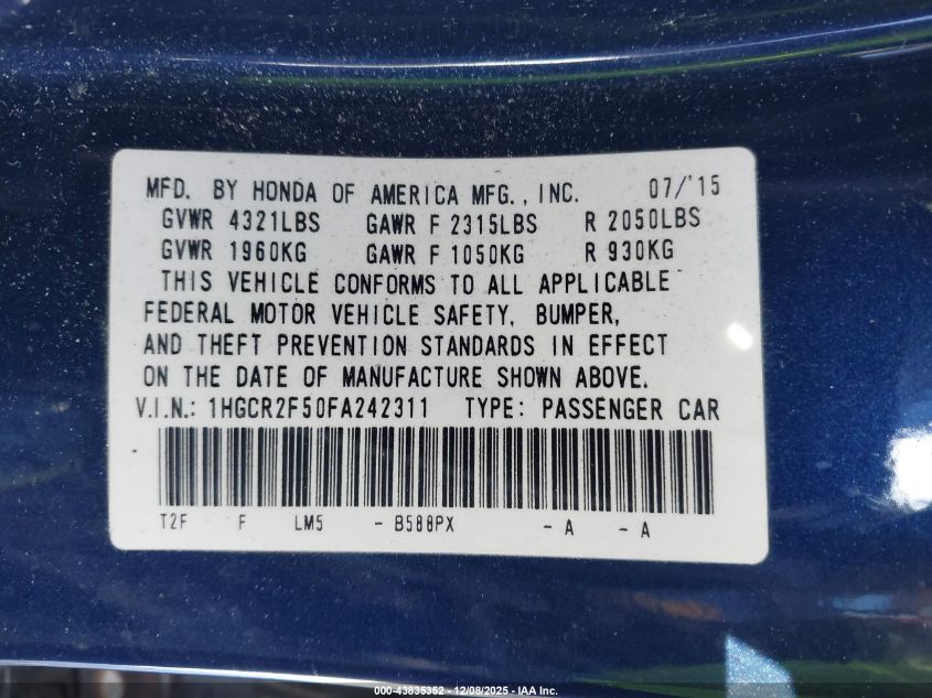 2015 Honda Accord Sport VIN: 1HGCR2F50FA242311 Lot: 43835352