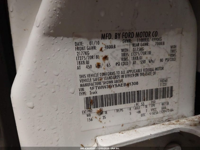 2010 Ford F-350 Cabela's/Harley-Davidson/King Ranch/Lariat/Xl/Xlt VIN: 1FTWW3BY5AEB41308 Lot: 43835353