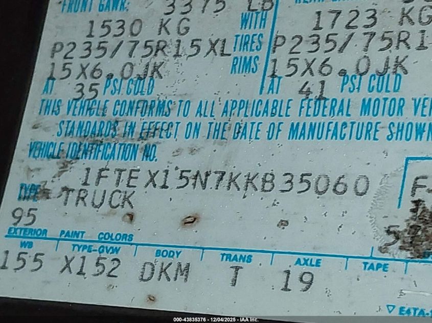 1989 Ford F150 VIN: 1FTEX15N7KKB35060 Lot: 43835376