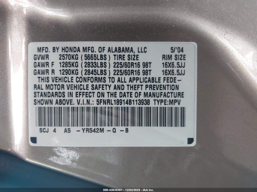 2004 Honda Odyssey Ex-L VIN: 5FNRL18914B113938 Lot: 43835381