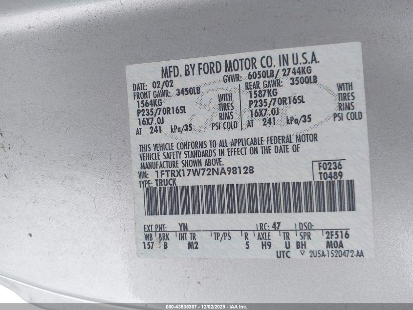 2002 Ford F-150 Lariat/Xl/Xlt VIN: 1FTRX17W72NA98128 Lot: 43835387