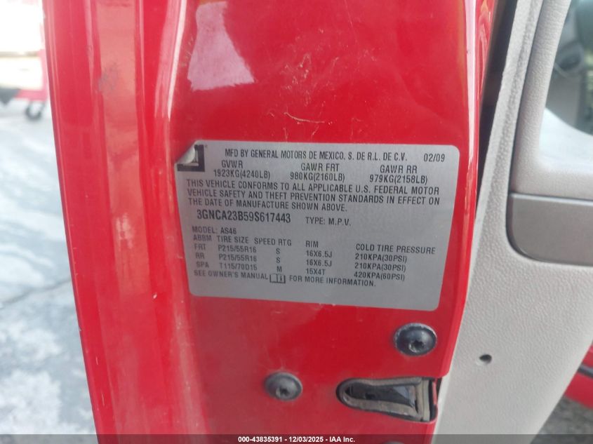 2009 Chevrolet Hhr Lt VIN: 3GNCA23B59S617443 Lot: 43835391