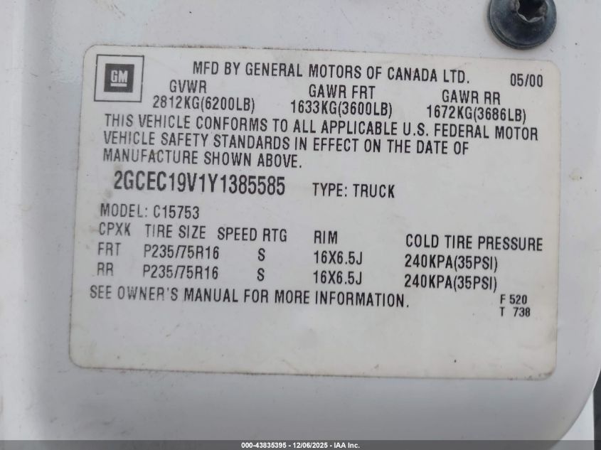 2000 Chevrolet Silverado 1500 VIN: 2GCEC19V1Y1385585 Lot: 43835395