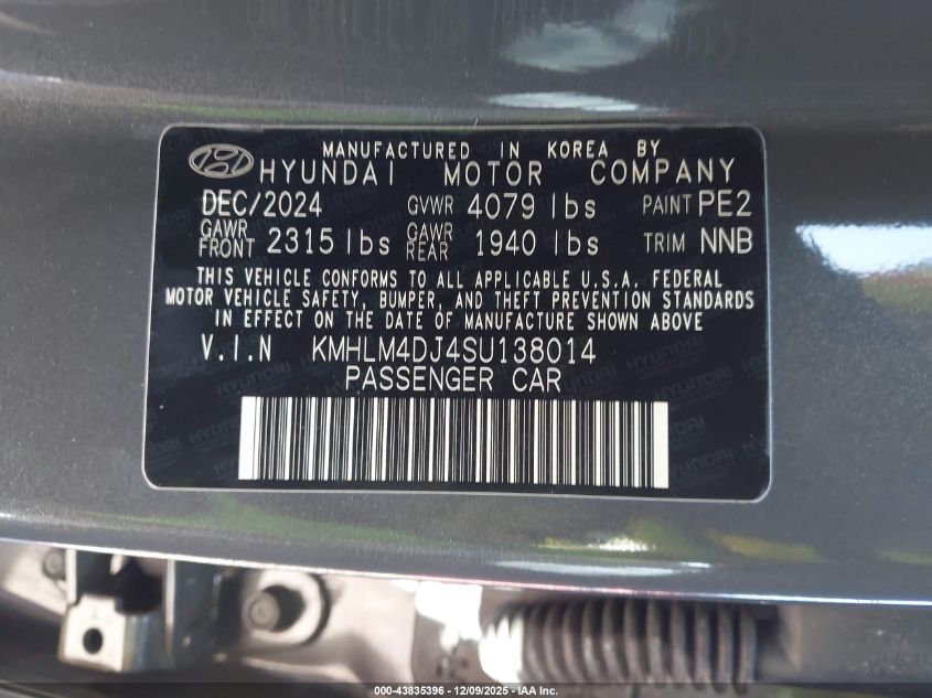 2025 Hyundai Elantra Hybrid Blue VIN: KMHLM4DJ4SU138014 Lot: 43835396