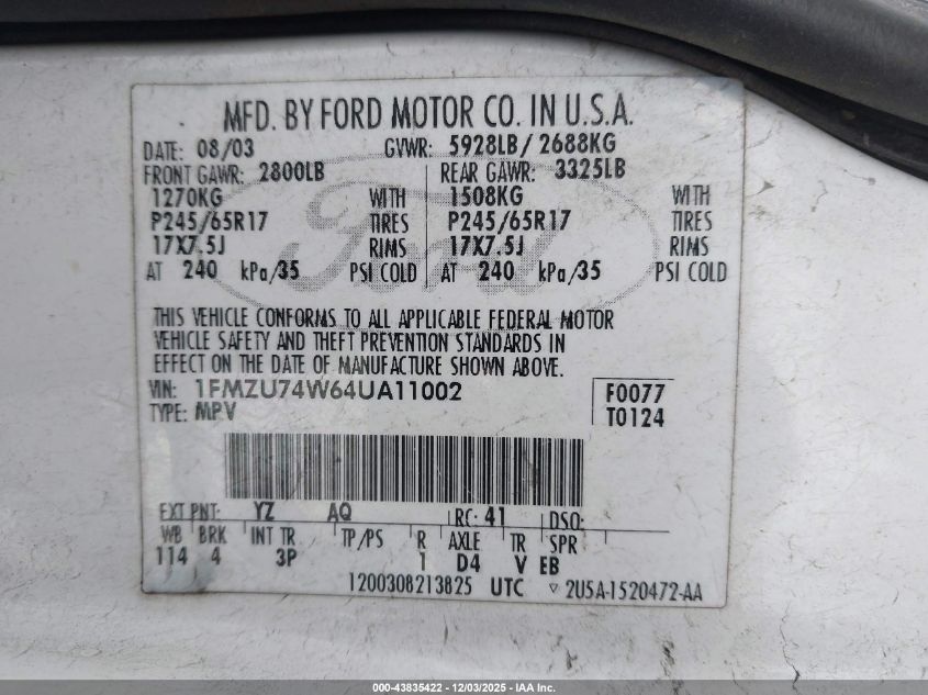 2004 Ford Explorer Eddie Bauer VIN: 1FMZU74W64UA11002 Lot: 43835422