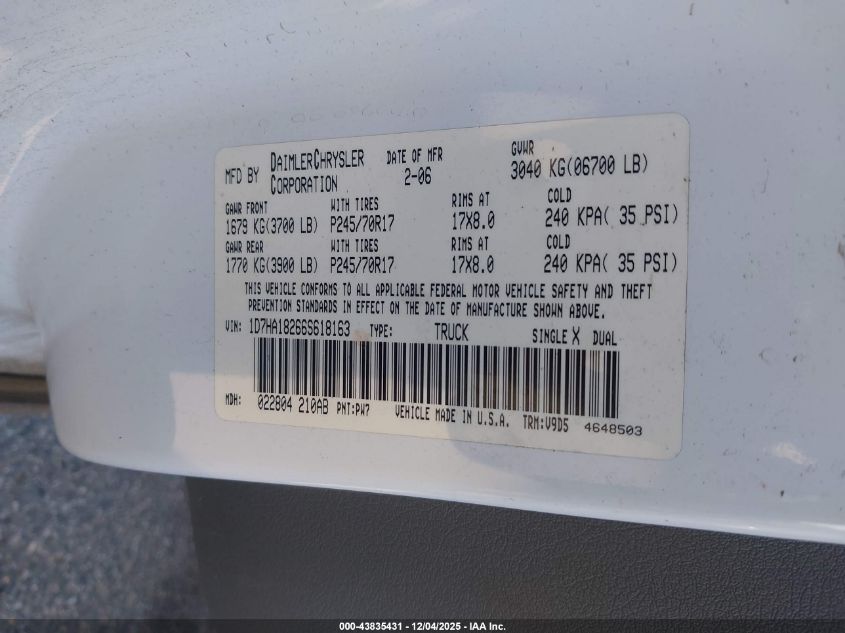 2006 Dodge Ram 1500 Slt VIN: 1D7HA18266S618163 Lot: 43835431