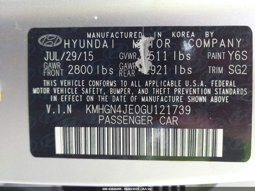 2016 Hyundai Genesis 3.8 VIN: KMHGN4JE0GU121739 Lot: 43835451