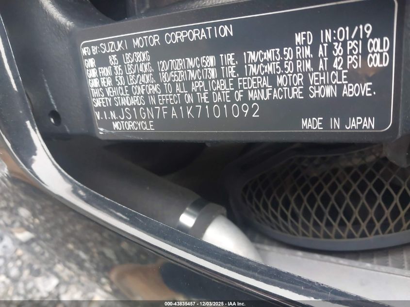2019 Suzuki Gsx-R600 VIN: JS1GN7FA1K7101092 Lot: 43835457
