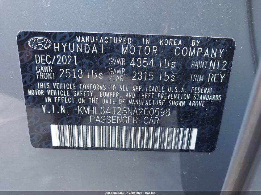 2022 Hyundai Sonata Limited VIN: KMHL34J28NA200598 Lot: 43835459