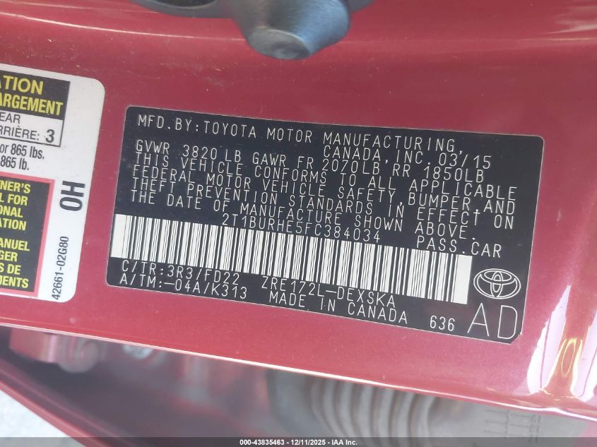 2015 Toyota Corolla S Plus VIN: 2T1BURHE5FC384034 Lot: 43835463