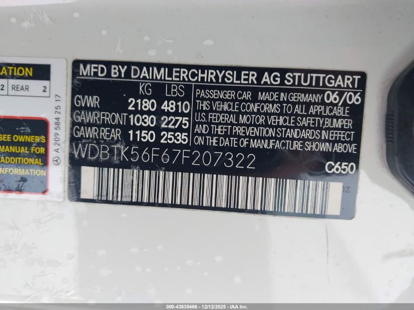 2007 Mercedes-Benz Clk 350 VIN: WDBTK56F67F207322 Lot: 43835466
