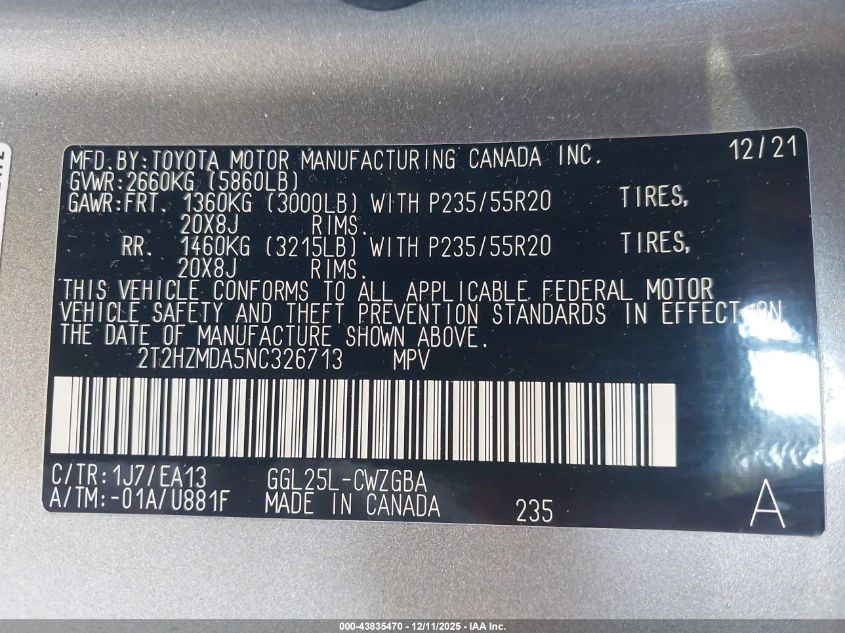 2022 Lexus Rx 350 VIN: 2T2HZMDA5NC326713 Lot: 43835470