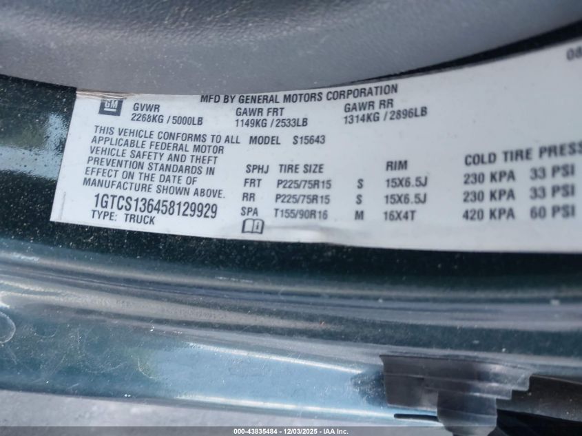 2005 GMC Canyon Sle VIN: 1GTCS136458129929 Lot: 43835484