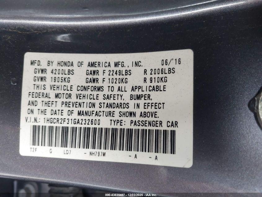 2016 Honda Accord Lx VIN: 1HGCR2F31GA232600 Lot: 43835487