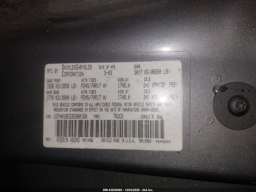 2003 Dodge Ram 1500 Slt/Laramie/St VIN: 1D7HA18D33S300160 Lot: 43835489