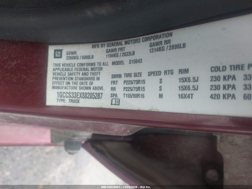 2008 Chevrolet Colorado Lt VIN: 1GCCS33EX88205287 Lot: 43835491