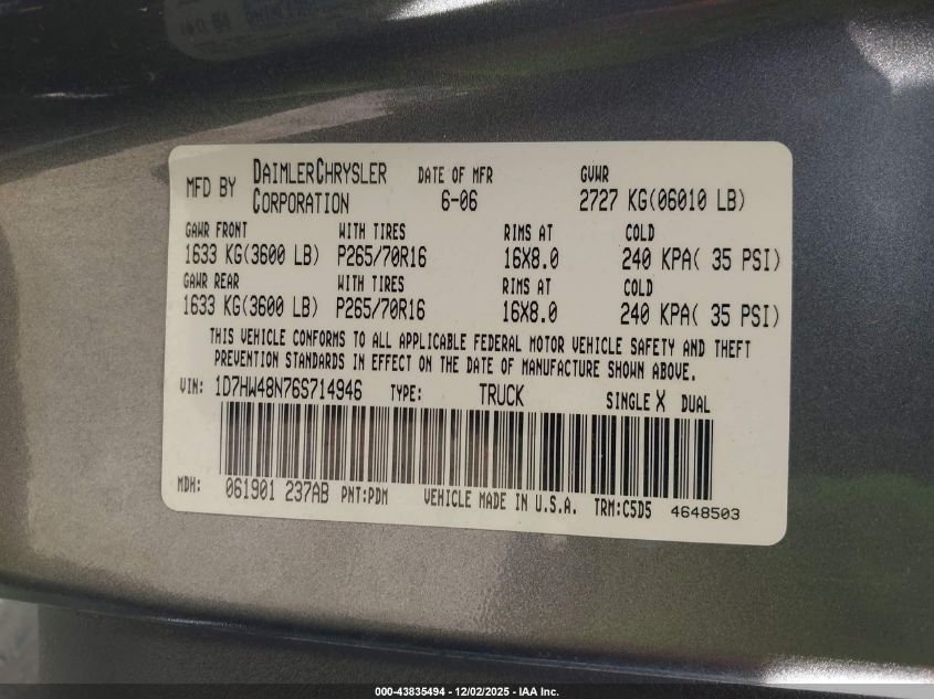 2006 Dodge Dakota Slt VIN: 1D7HW48N76S714946 Lot: 43835494