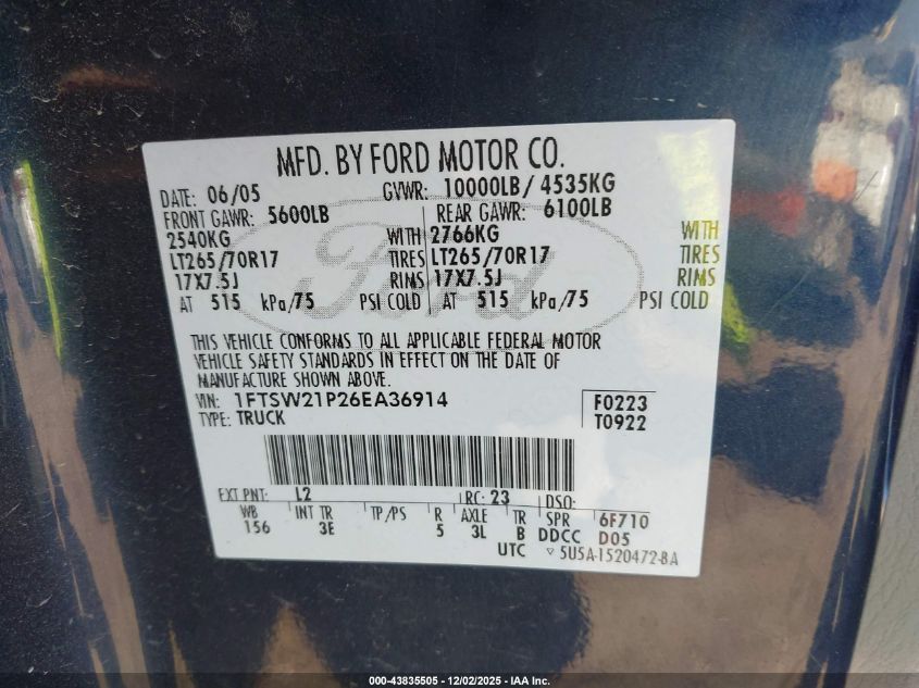 2006 Ford F-250 Lariat/Xl/Xlt VIN: 1FTSW21P26EA36914 Lot: 43835505