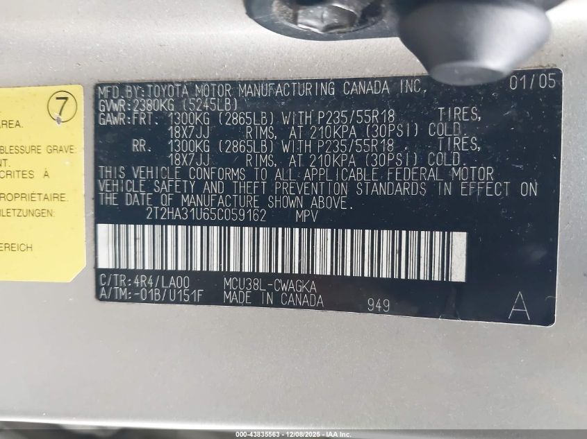 2005 Lexus Rx 330 VIN: 2T2HA31U65C059162 Lot: 43835563