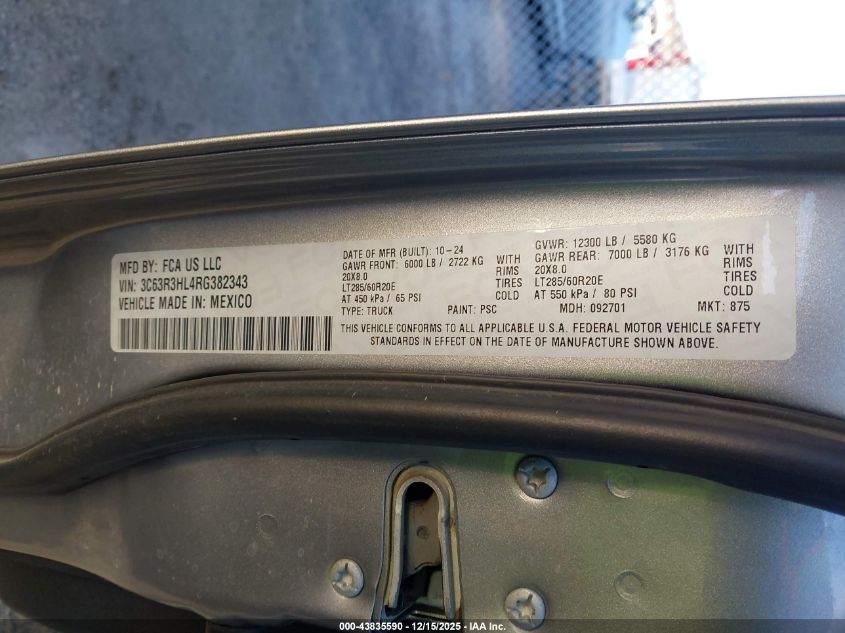 2024 Ram 3500 Big Horn 4X4 8' Box VIN: 3C63R3HL4RG382343 Lot: 43835590
