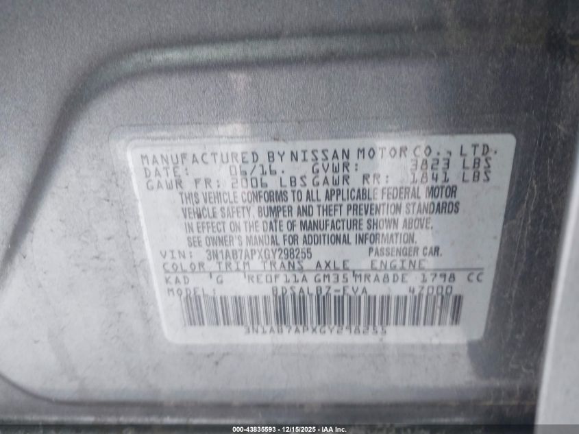 2016 Nissan Sentra S VIN: 3N1AB7APXGY298255 Lot: 43835593