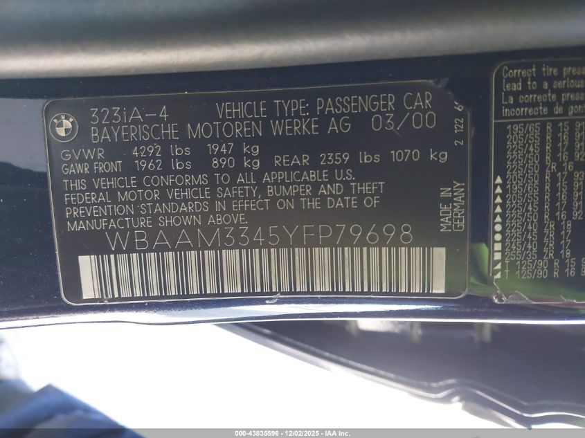 2000 BMW 323I VIN: WBAAM3345YFP79698 Lot: 43835596