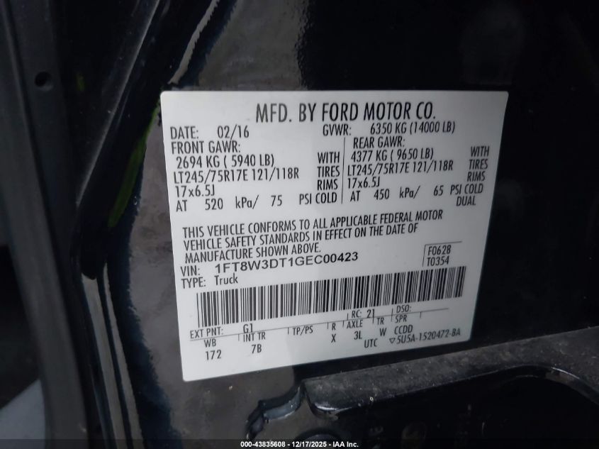 2016 Ford F-350 Lariat VIN: 1FT8W3DT1GEC00423 Lot: 43835608