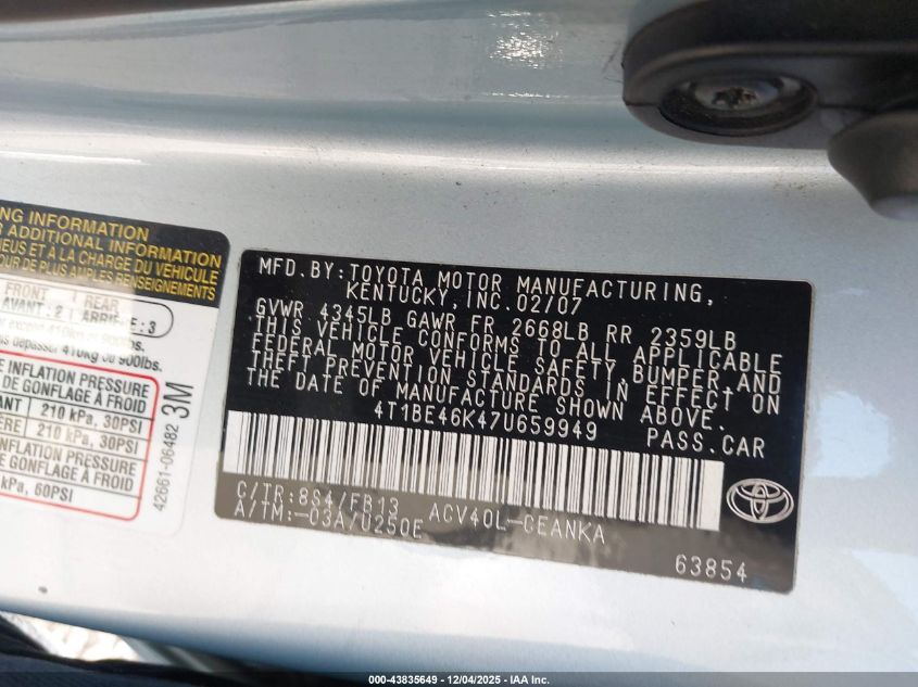 2007 Toyota Camry Le VIN: 4T1BE46K47U659949 Lot: 43835649