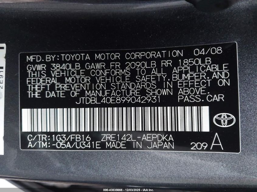 2009 Toyota Corolla Le VIN: JTDBL40E899042931 Lot: 43835666