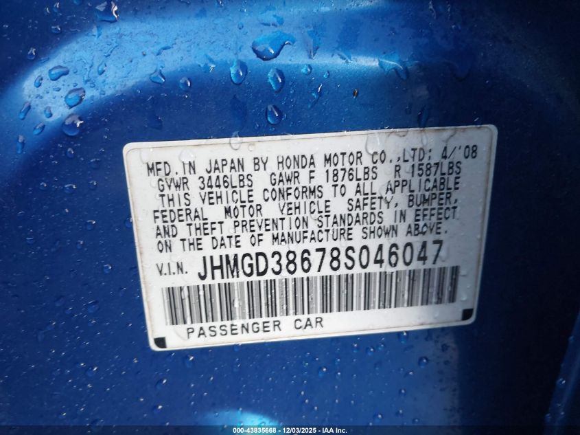 2008 Honda Fit Sport VIN: JHMGD38678S046047 Lot: 43835668