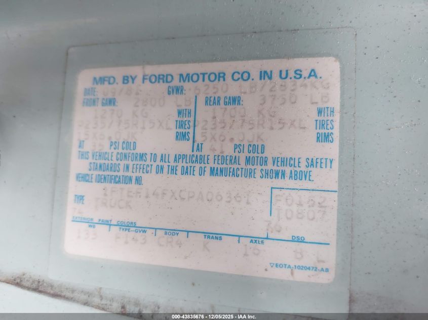 1982 Ford F150 VIN: 1FTEF14FXCPA06361 Lot: 43835676