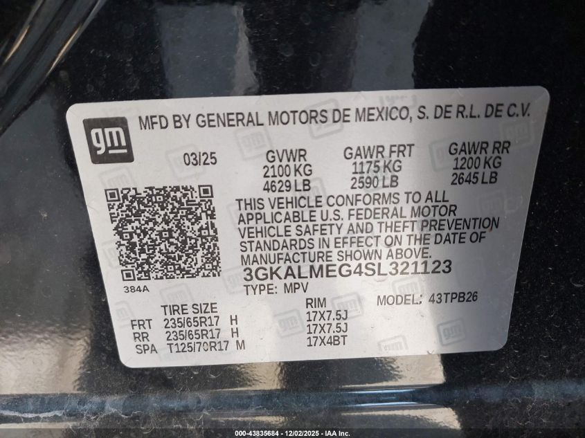 2025 GMC Terrain Fwd Elevation VIN: 3GKALMEG4SL321123 Lot: 43835684