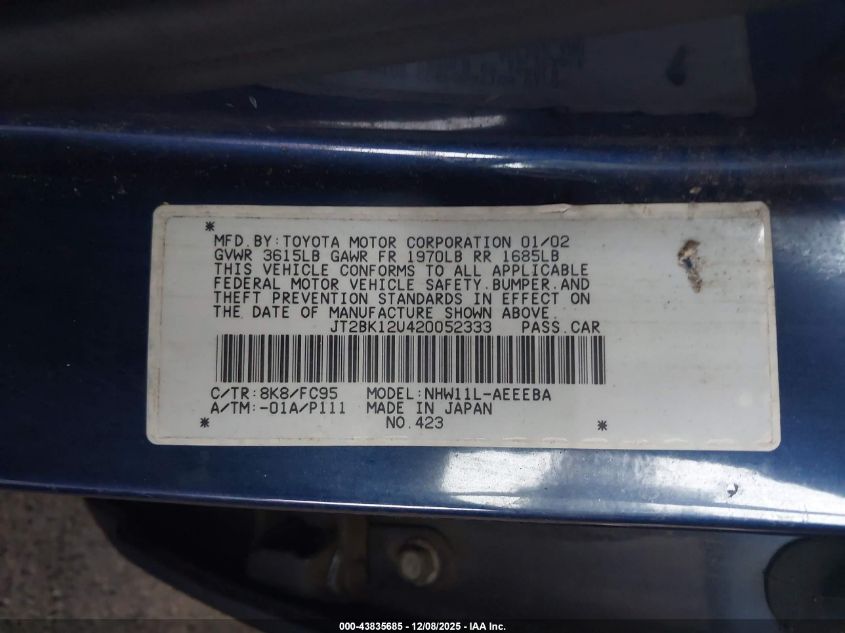 2002 Toyota Prius VIN: JT28K12U420052333 Lot: 43835685