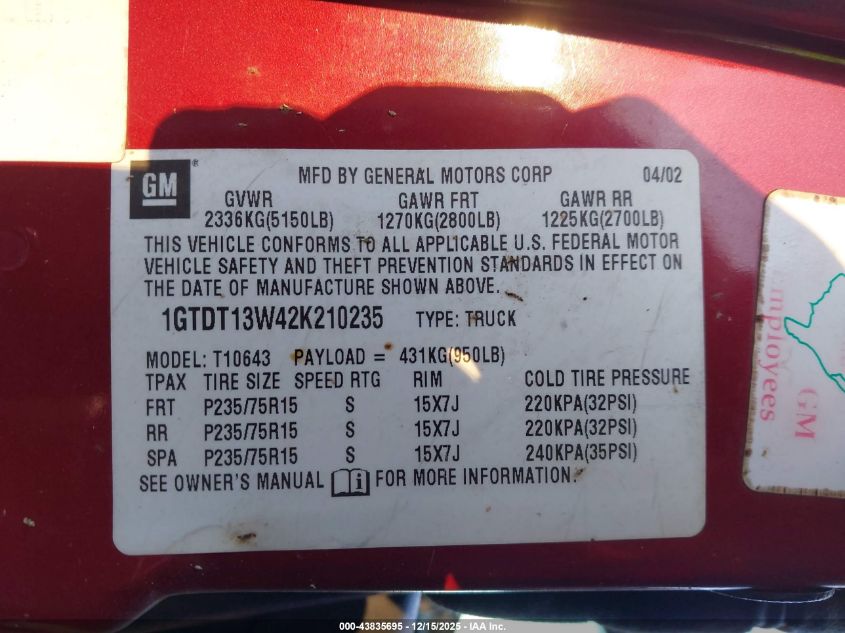 2002 GMC Sonoma Sls VIN: 1GTDT13W42K210235 Lot: 43835695