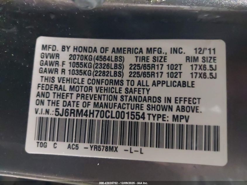 2012 Honda Cr-V Ex-L VIN: 5J6RM4H70CL001554 Lot: 43835702