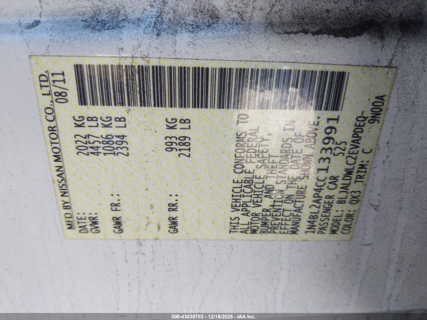 2012 Nissan Altima 3.5 Sr VIN: 1N4BL2AP4CC133991 Lot: 43835703