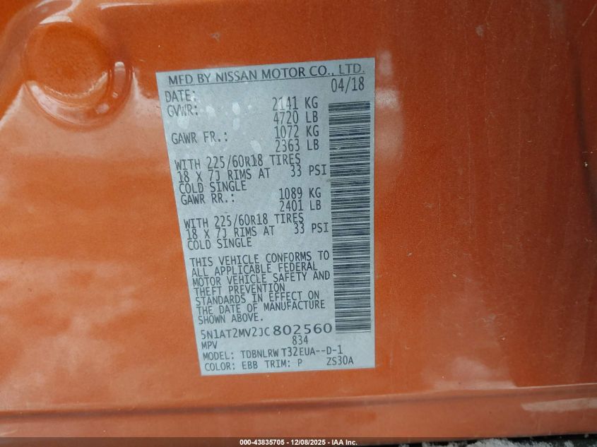 2018 Nissan Rogue Sl VIN: 5N1AT2MV2JC802560 Lot: 43835705