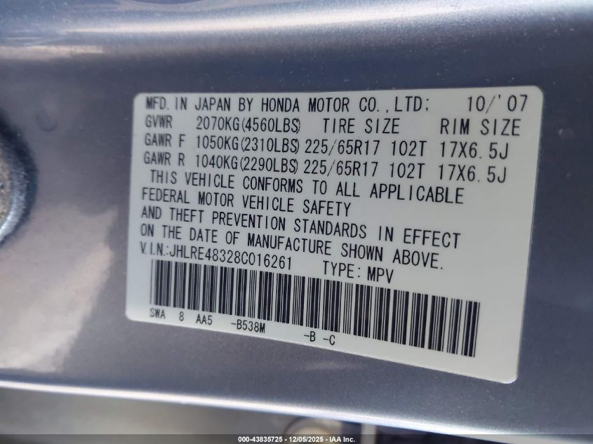 2008 Honda Cr-V Lx VIN: JHLRE48328C016261 Lot: 43835725